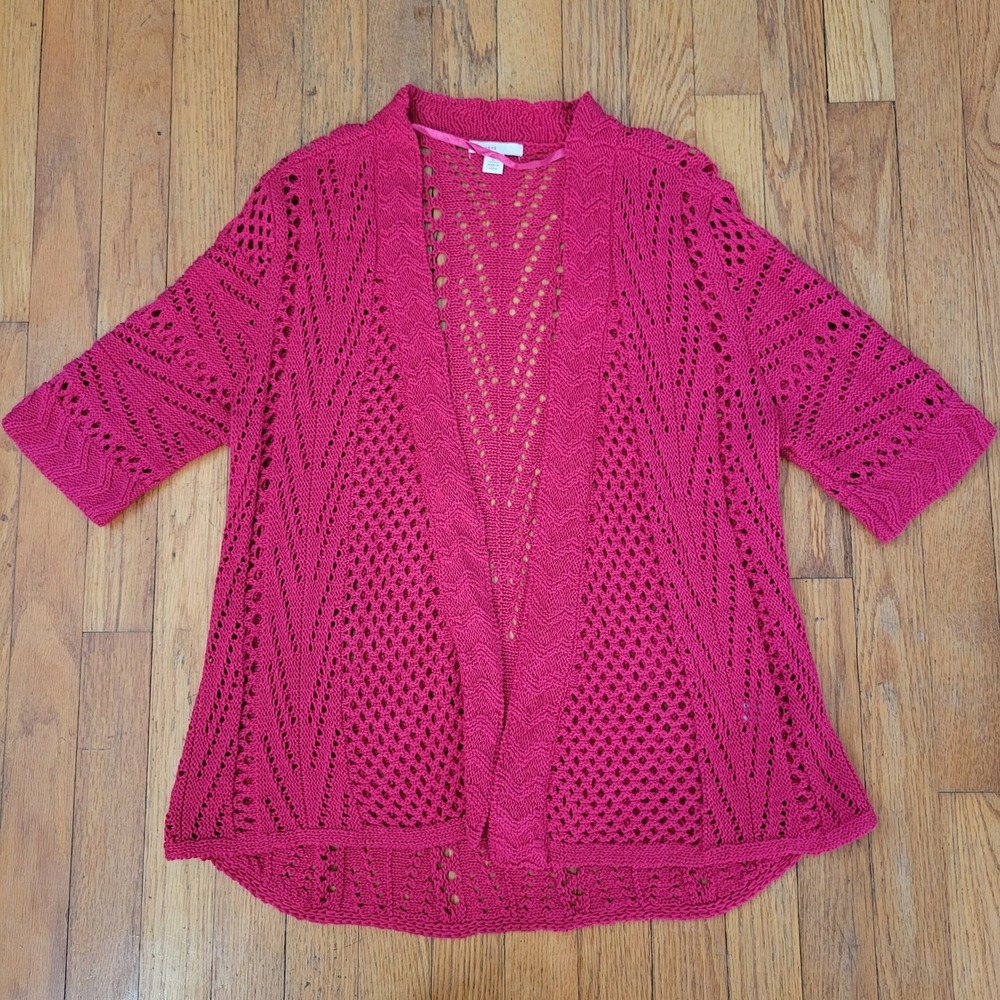 EST 1946 L Open Frontโ Cardigan Hot Pink Pointelle Chevron Knit Shrug Layering